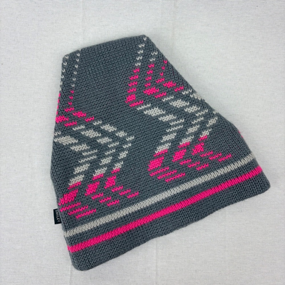 Smiley Vintage Knit Beanie Cap Gray‎ Neon Pink Zigzag 80s 90s Wool Skiing USA